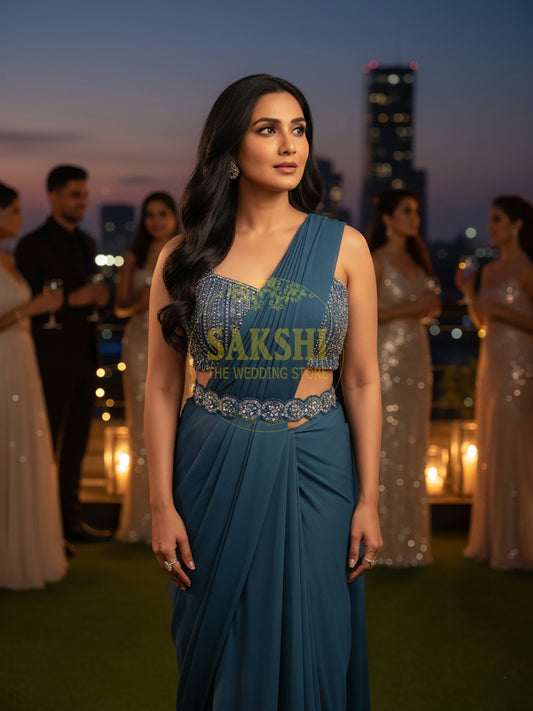 Coral Blue Ready to Wear Saree with Heavy Blouse