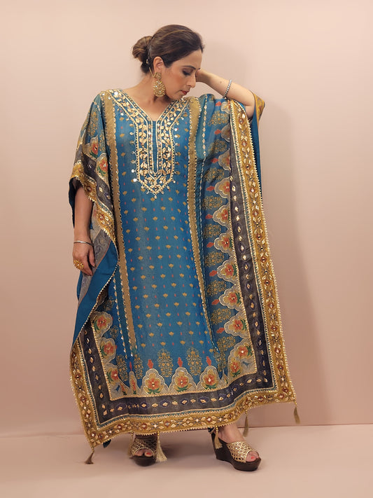 Blue Multicolor Shimmer Kaftan Set with Tulip Pants