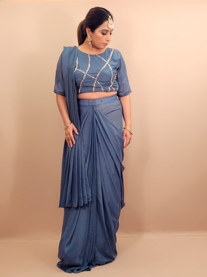 Grey Armani Ready to Wear Saree with Stitched Blouse.