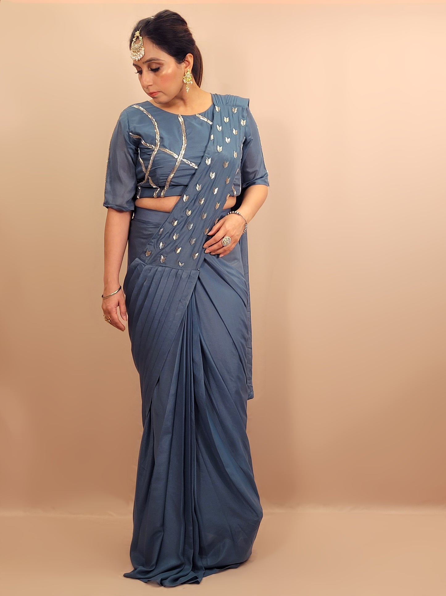 Grey Armani Ready to Wear Saree with Stitched Blouse.