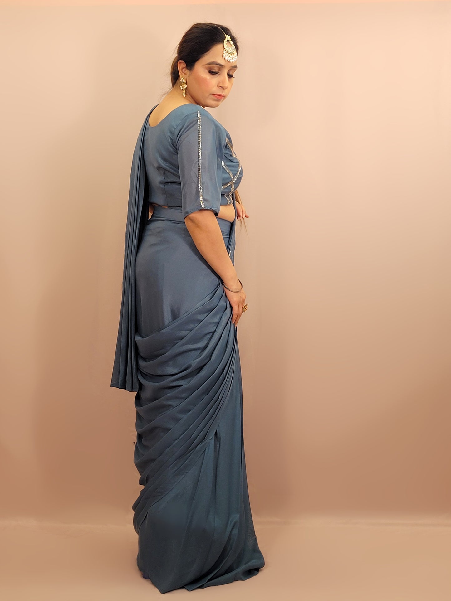 Grey Armani Ready to Wear Saree with Stitched Blouse.