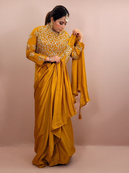 Yellow Armani Ready to Wear Saree with Stitched Blouse