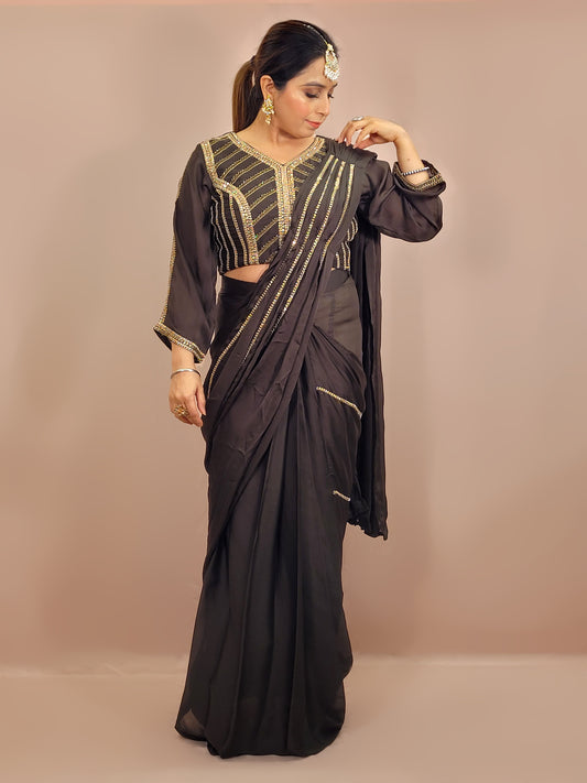 Mehendi Green Armani Ready to Wear Saree with Stitched Blouse.