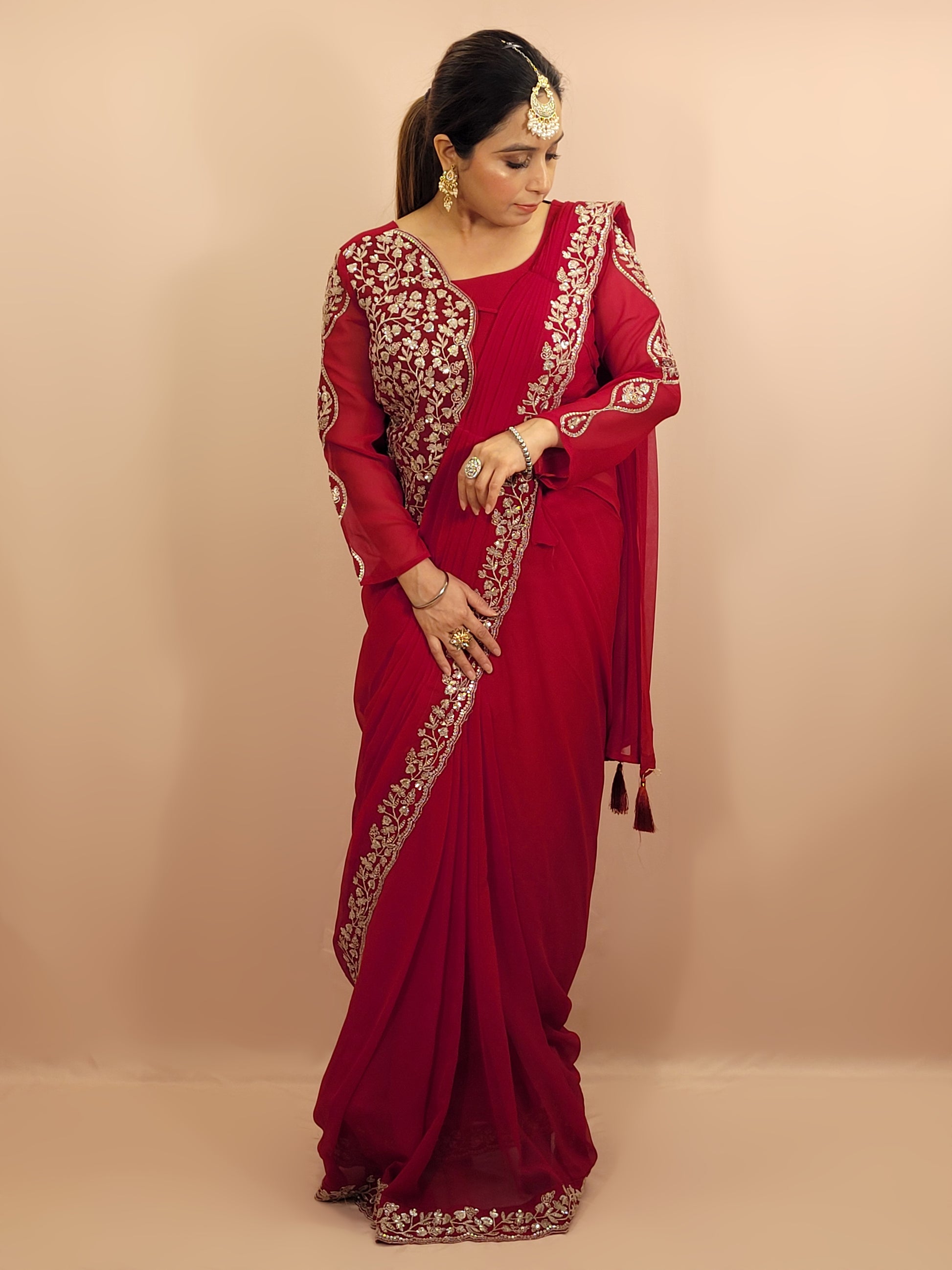 Red Georgette Ready to Wear Saree with Stitched Blouse. Zari and Sequins Work. Half Jacket look Blouse