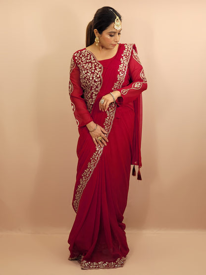 Red Georgette Ready to Wear Saree with Stitched Blouse. Zari and Sequins Work. Half Jacket look Blouse