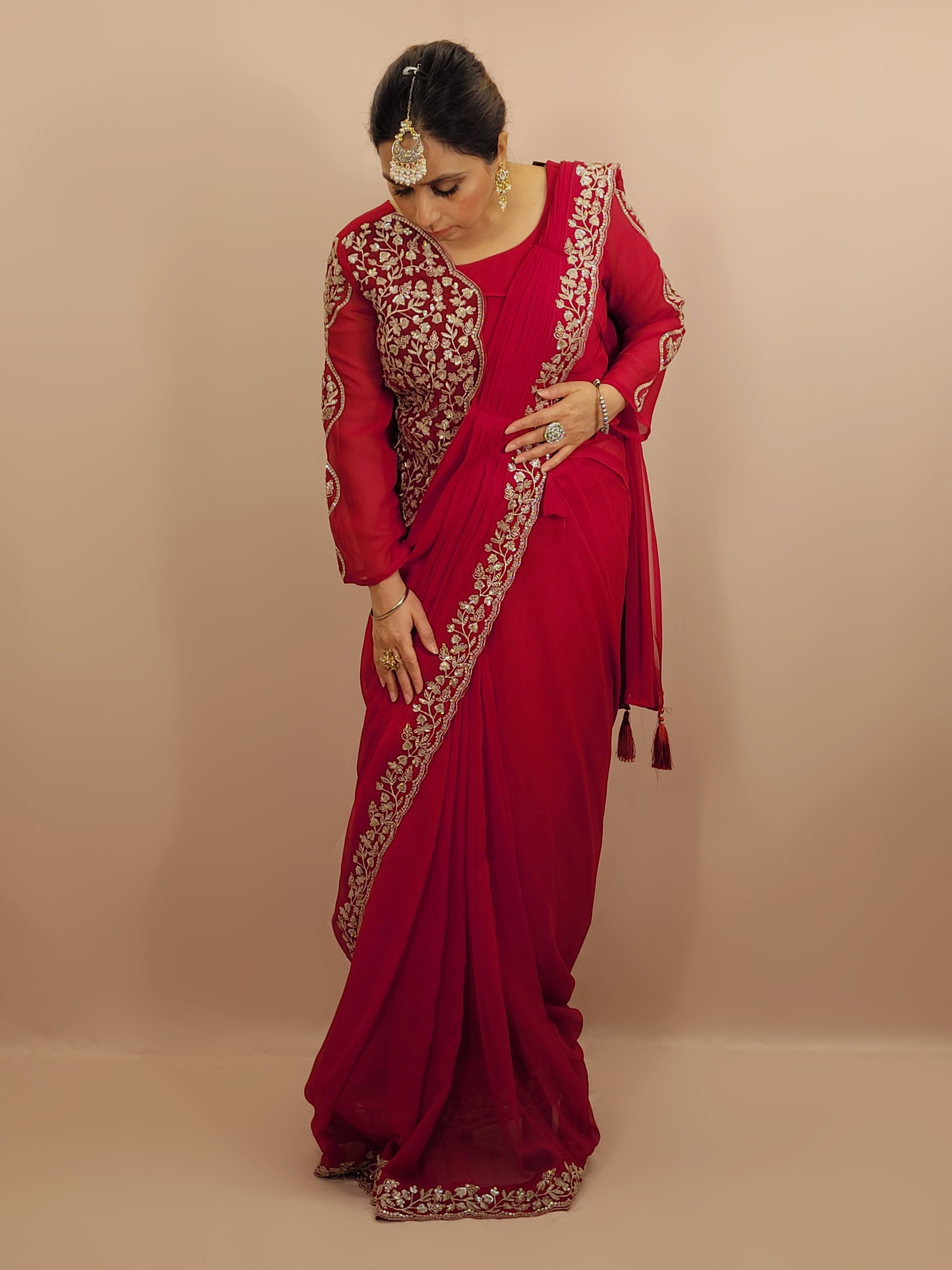 Red Georgette Ready to Wear Saree with Stitched Blouse. Zari and Sequins Work. Half Jacket look Blouse