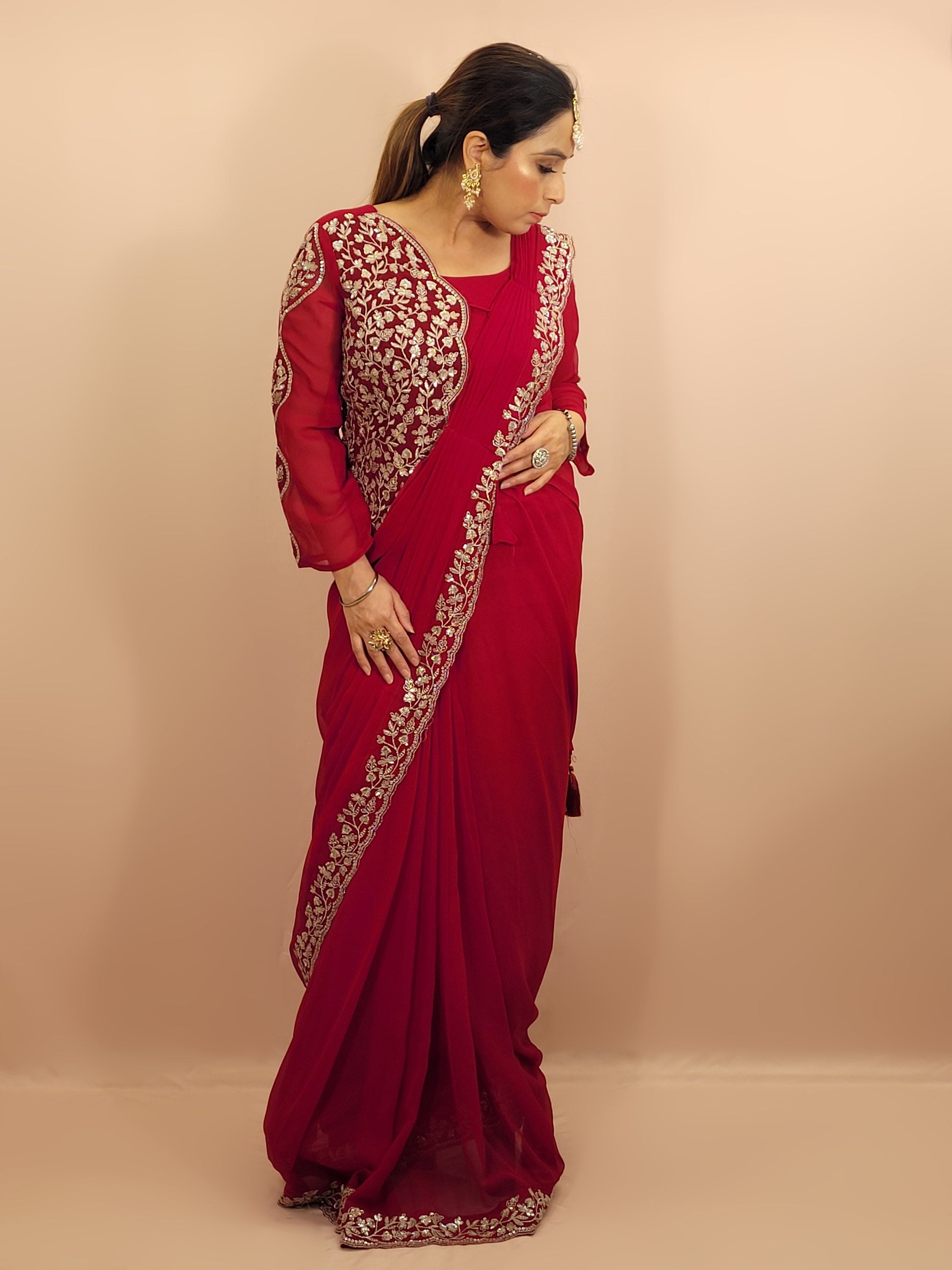 Red Georgette Ready to Wear Saree with Stitched Blouse. Zari and Sequins Work. Half Jacket look Blouse