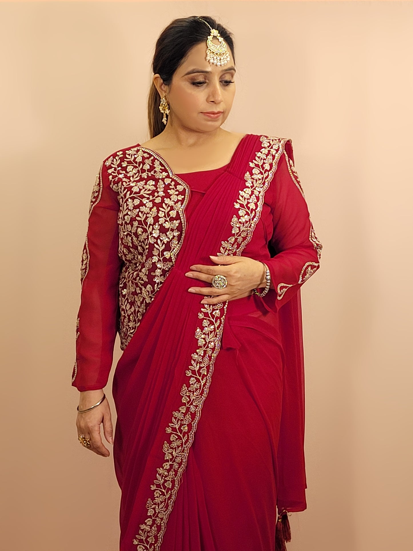 Red Georgette Ready to Wear Saree with Stitched Blouse. Zari and Sequins Work. Half Jacket look Blouse