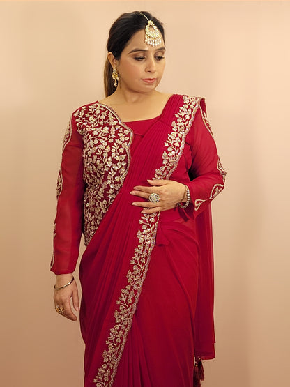 Red Georgette Ready to Wear Saree with Stitched Blouse. Zari and Sequins Work. Half Jacket look Blouse