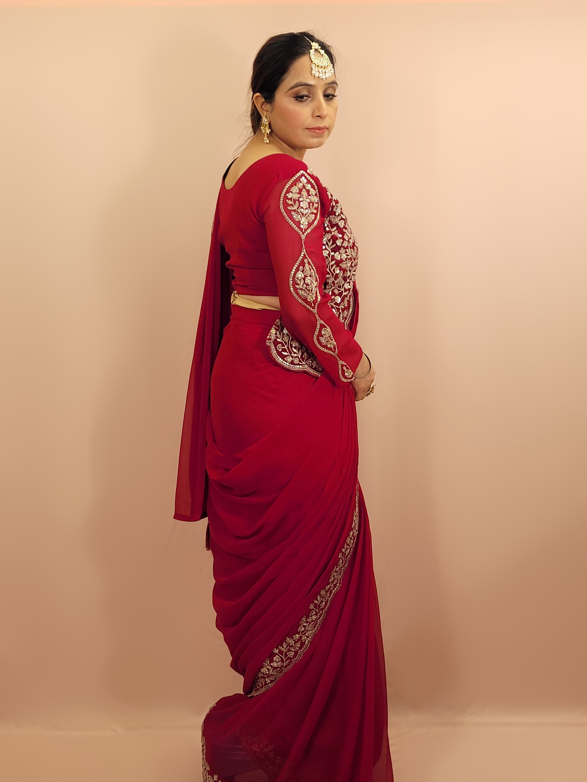 Red Georgette Ready to Wear Saree with Stitched Blouse. Zari and Sequins Work. Half Jacket look Blouse
