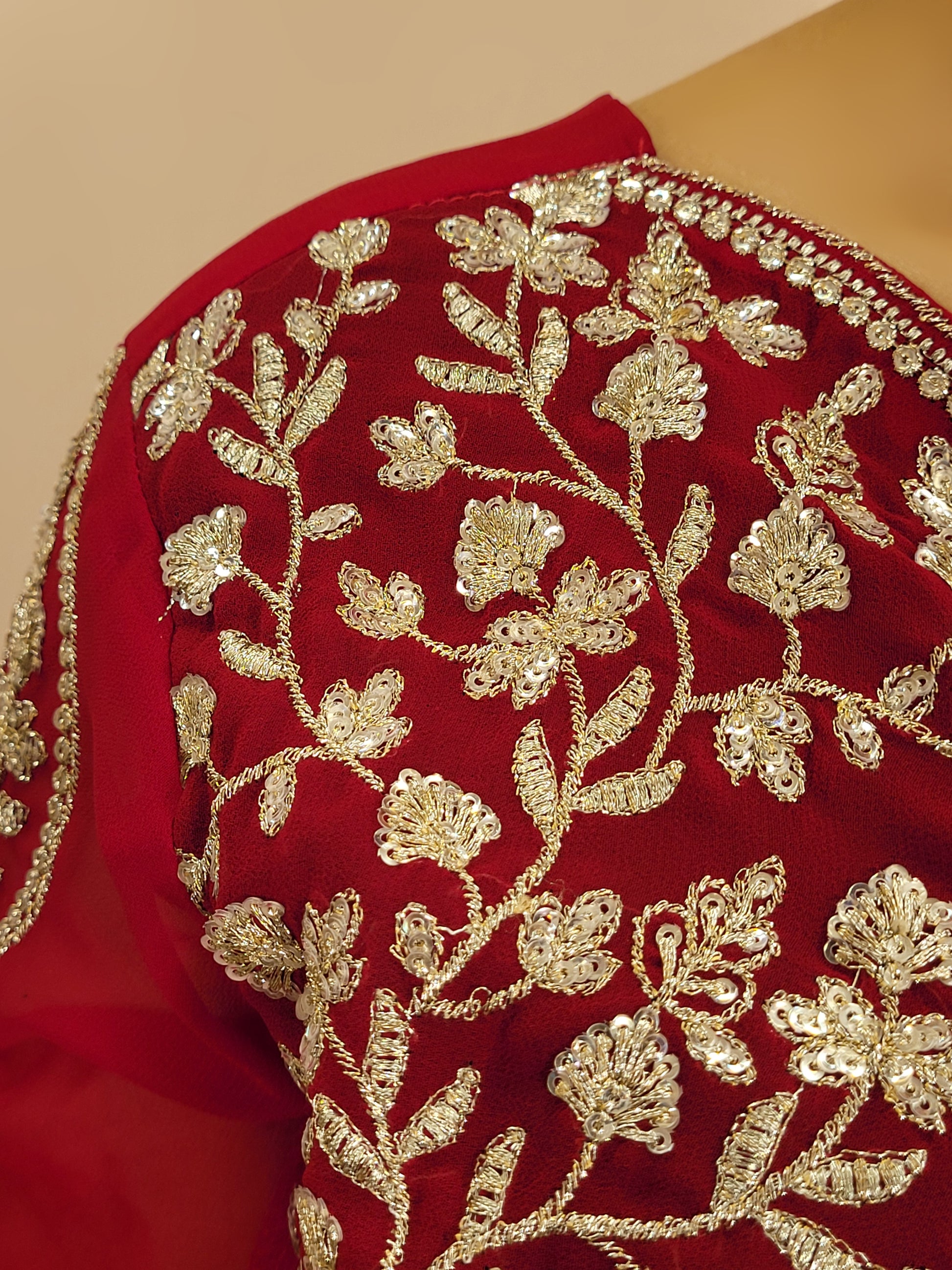 Red Georgette Ready to Wear Saree with Stitched Blouse. Zari and Sequins Work. Half Jacket look Blouse
