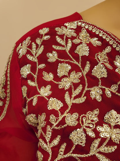 Red Georgette Ready to Wear Saree with Stitched Blouse. Zari and Sequins Work. Half Jacket look Blouse