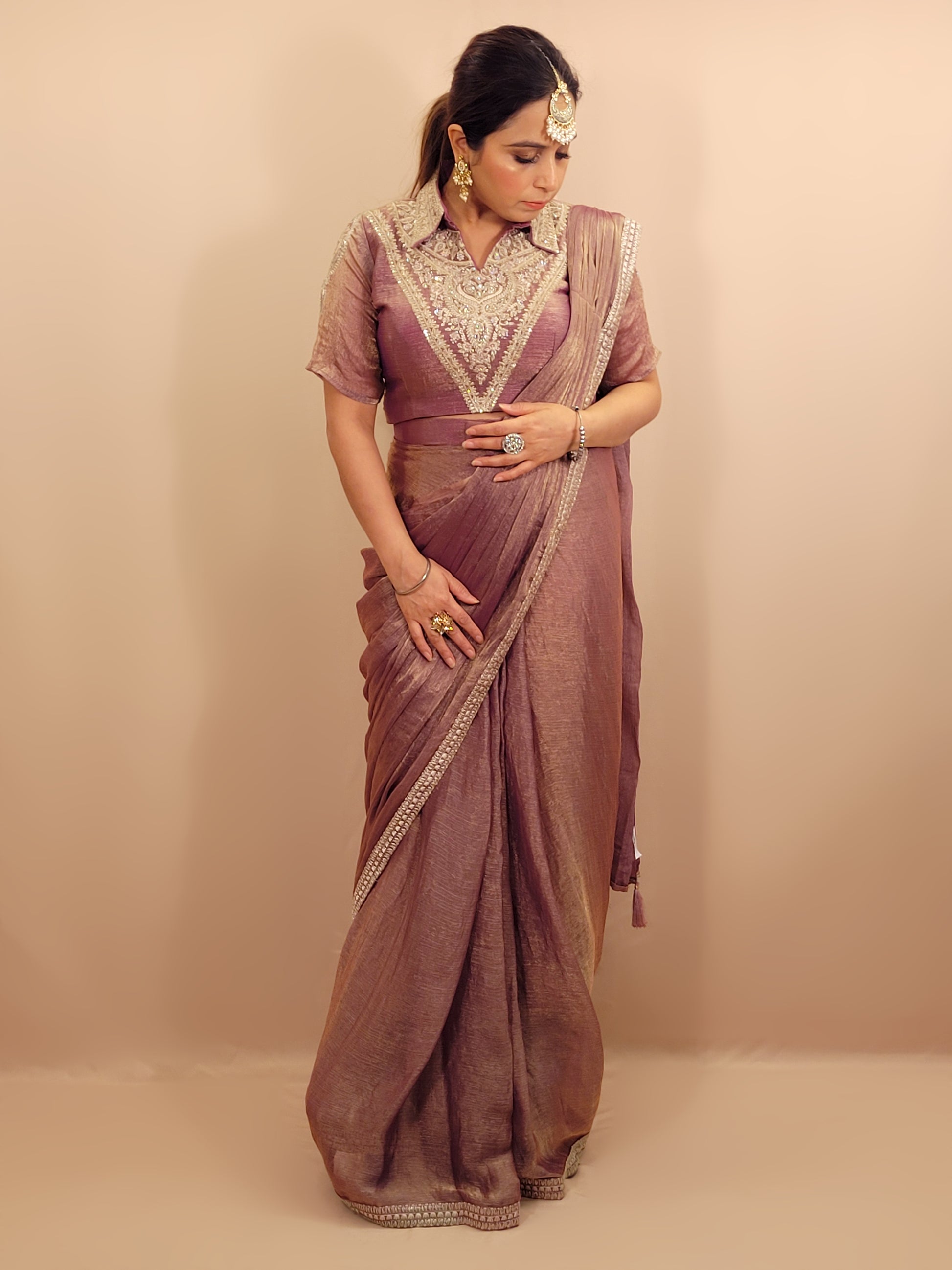 Lavender Gold Crush Ready to Wear Saree with Stitched Blouse. Designer Blouse with Zari, Cutdana and Zarkan work. Blouse ready bust size 38 + margins.