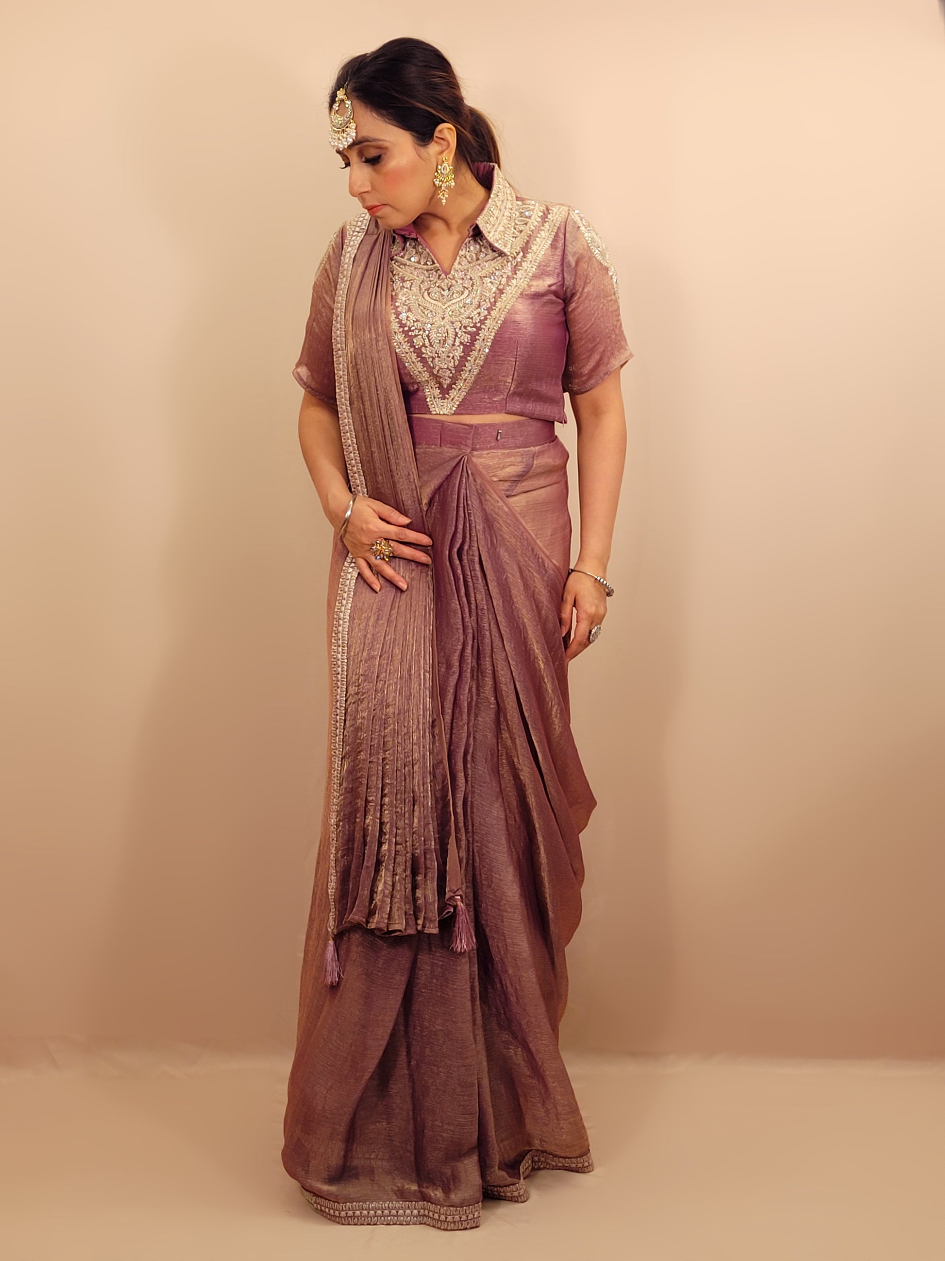 Lavender Gold Crush Ready to Wear Saree with Stitched Blouse. Designer Blouse with Zari, Cutdana and Zarkan work. Blouse ready bust size 38 + margins.