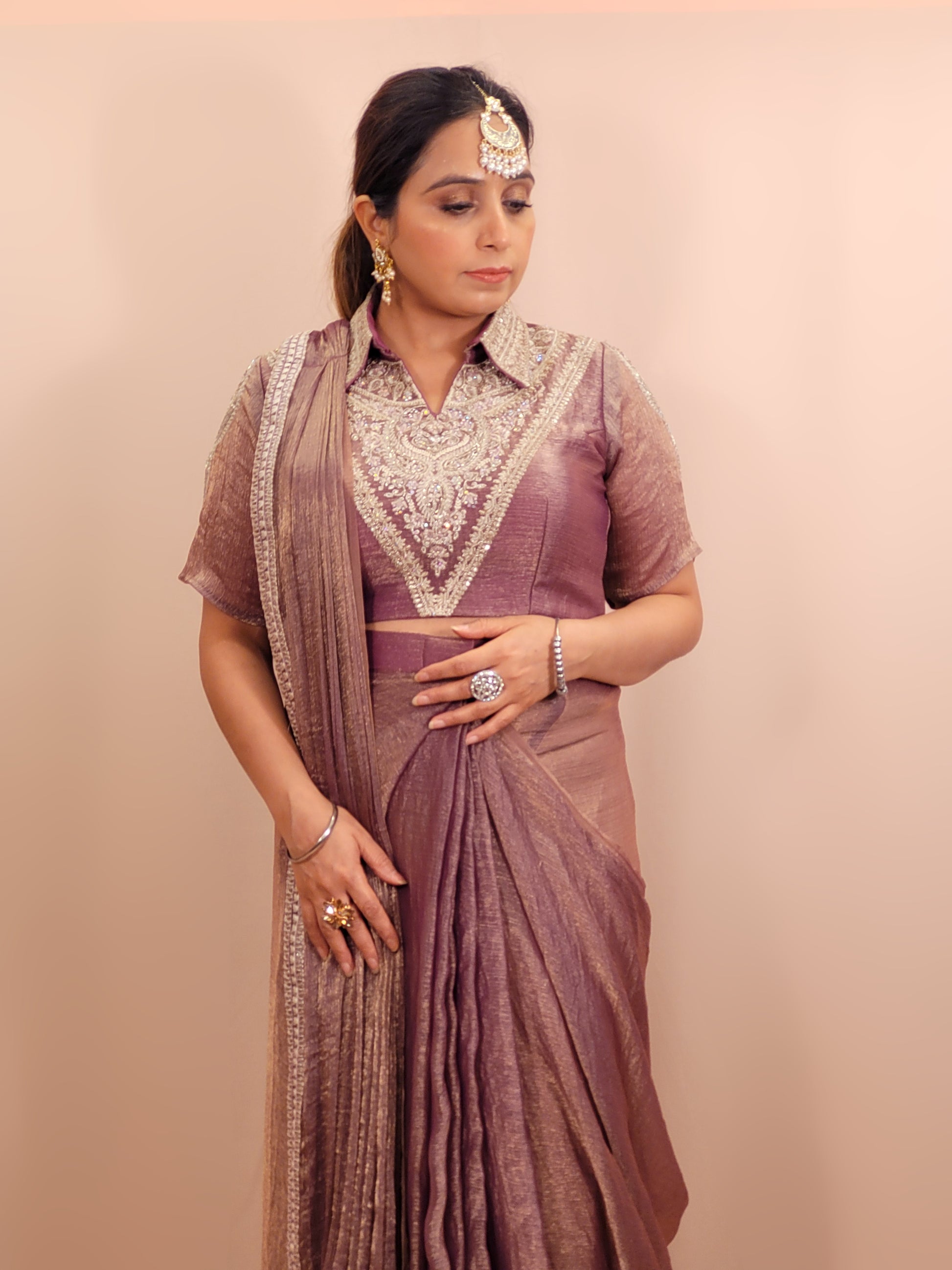 Lavender Gold Crush Ready to Wear Saree with Stitched Blouse. Designer Blouse with Zari, Cutdana and Zarkan work. Blouse ready bust size 38 + margins.