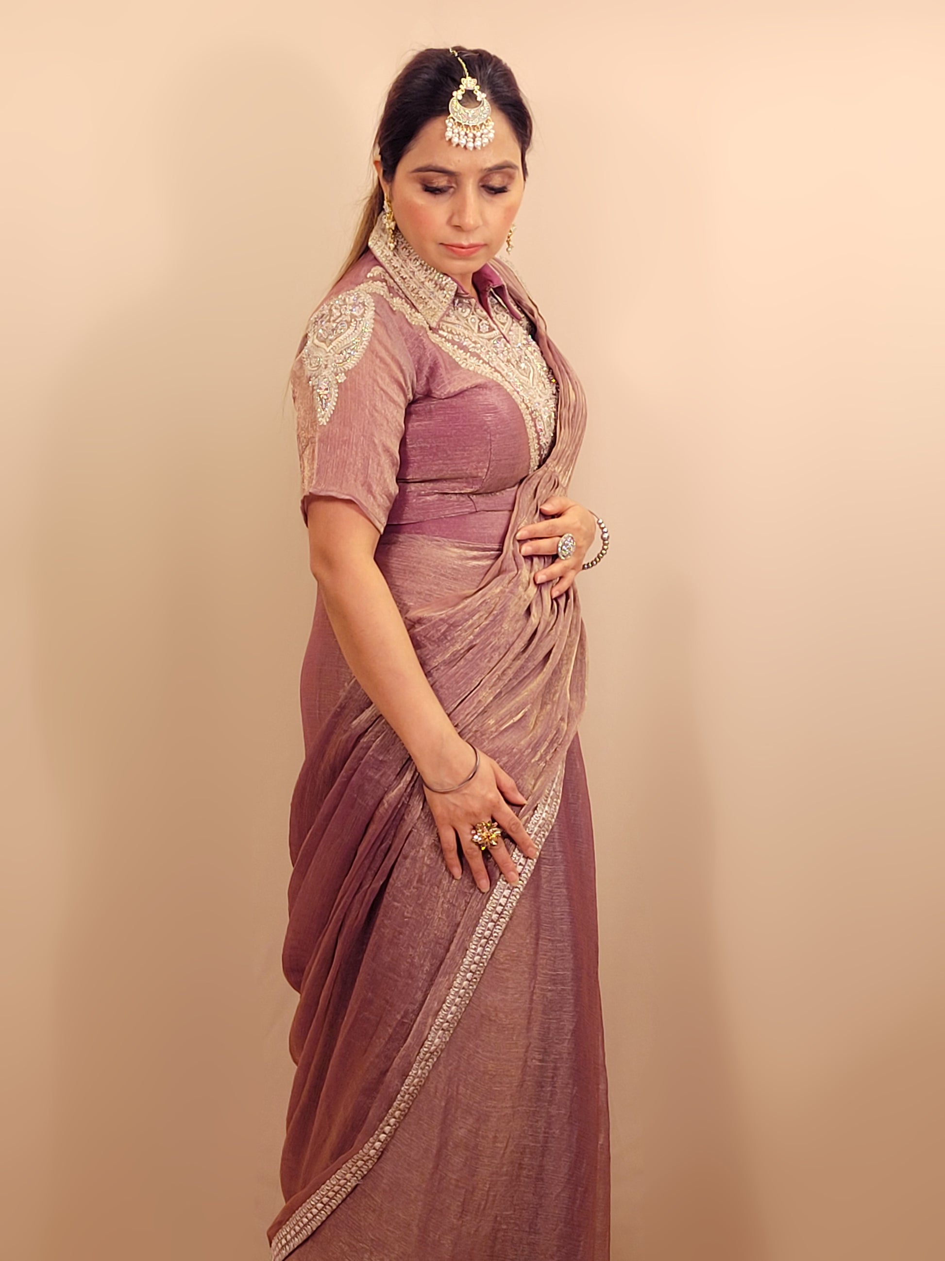 Lavender Gold Crush Ready to Wear Saree with Stitched Blouse. Designer Blouse with Zari, Cutdana and Zarkan work. Blouse ready bust size 38 + margins.