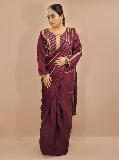 Wine Armani Ready to Wear Saree with Stitched Blouse. Zari Resham and Cutdana work on Blouse and Palla.