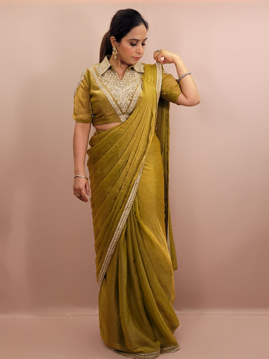 Green Gold Crush Ready to Wear Saree with Stitched Blouse. Designer Blouse with Zari, Cutdana and Zarkan work. Blouse ready bust size 38 + margins.
