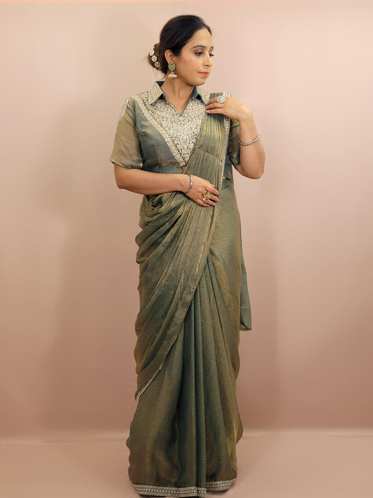 Blue Gold Crush Ready to Wear Saree with Stitched Blouse. Designer Blouse with Zari, Cutdana and Zarkan work.