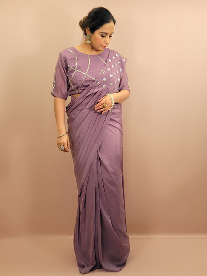 Lavender Armani Ready to Wear Saree with Stitched Blouse. Pipe Work on Blouse and Pallu.