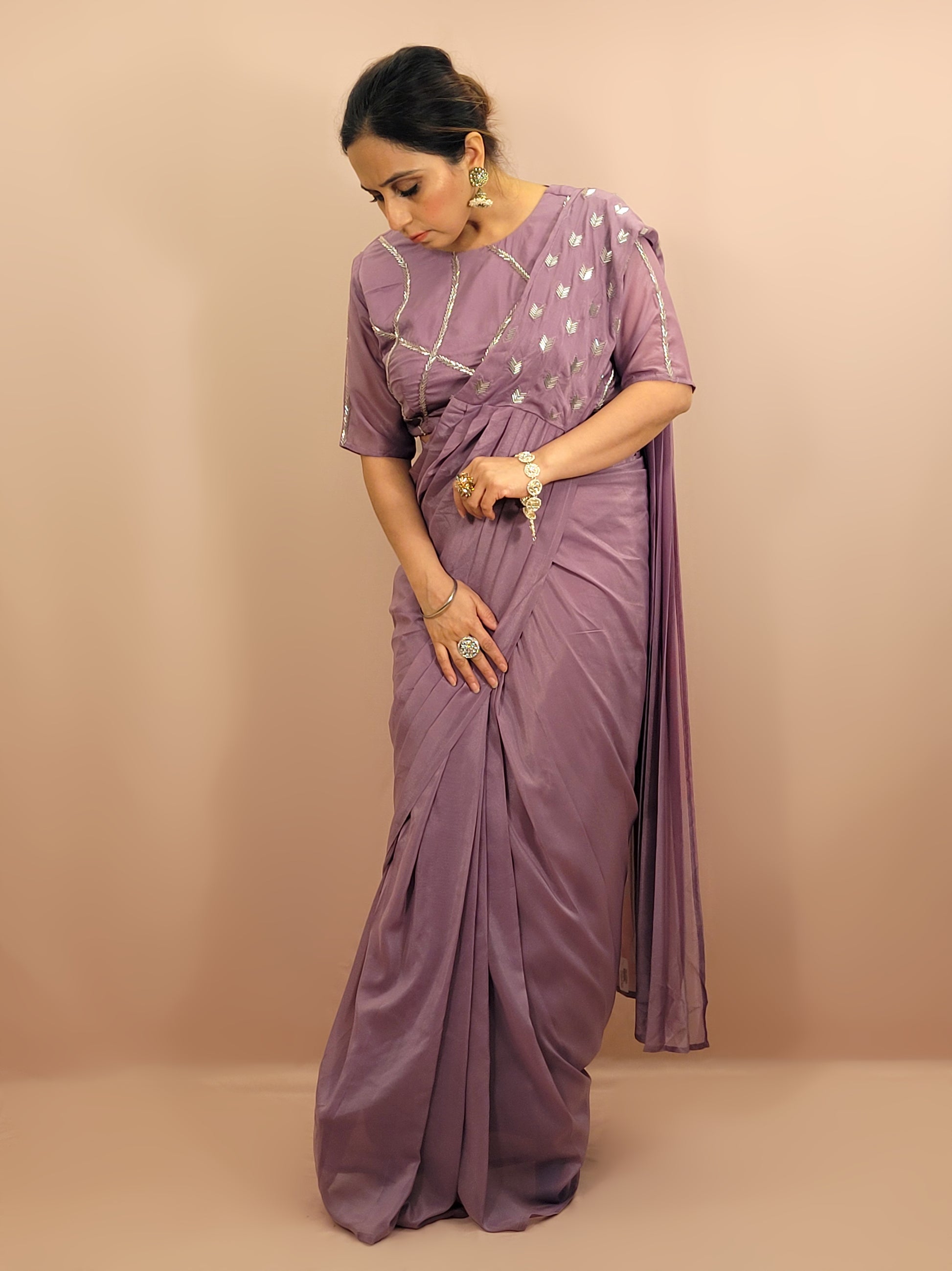 Lavender Armani Ready to Wear Saree with Stitched Blouse. Pipe Work on Blouse and Pallu.