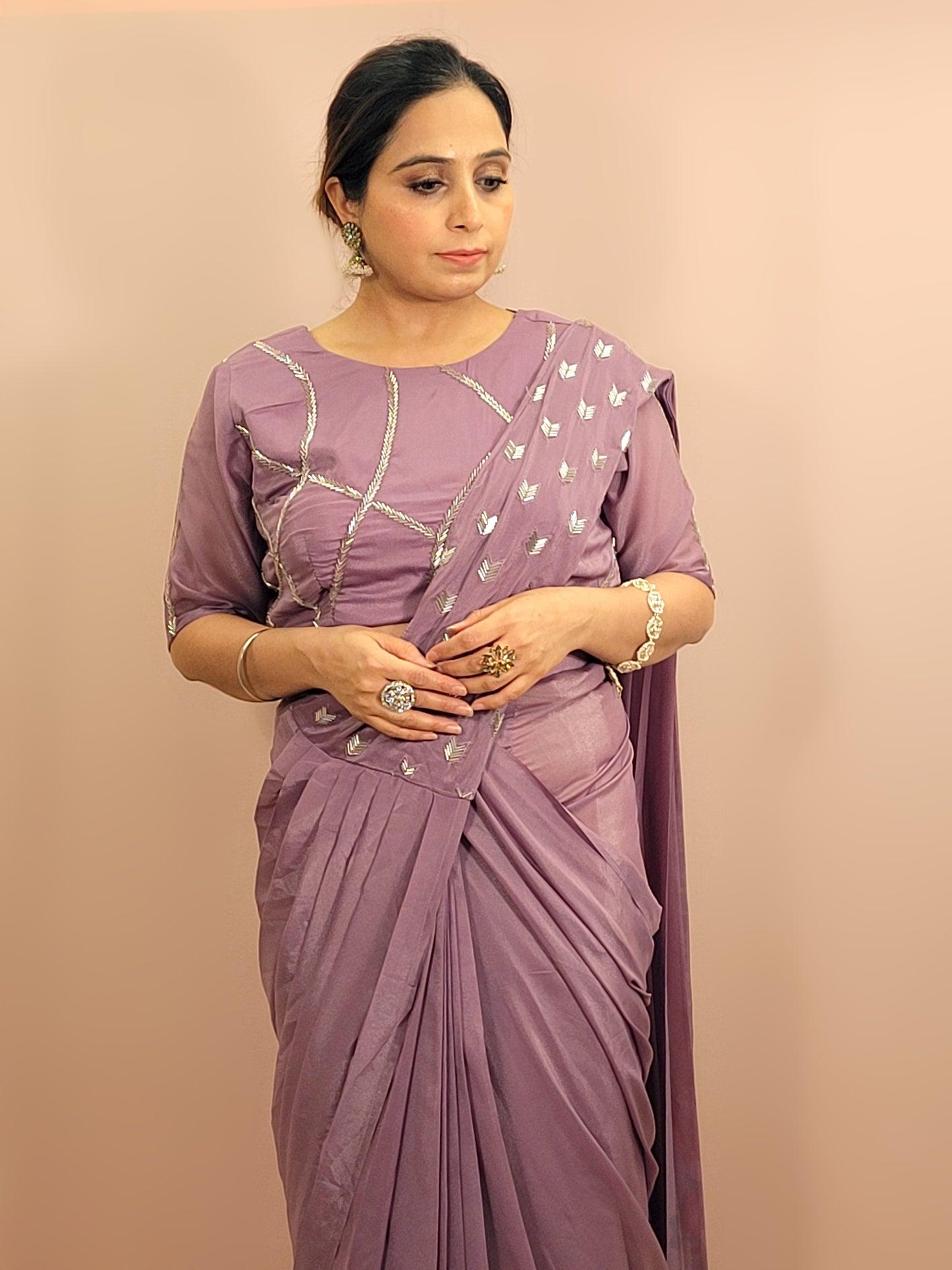 Lavender Armani Ready to Wear Saree with Stitched Blouse. Pipe Work on Blouse and Pallu.