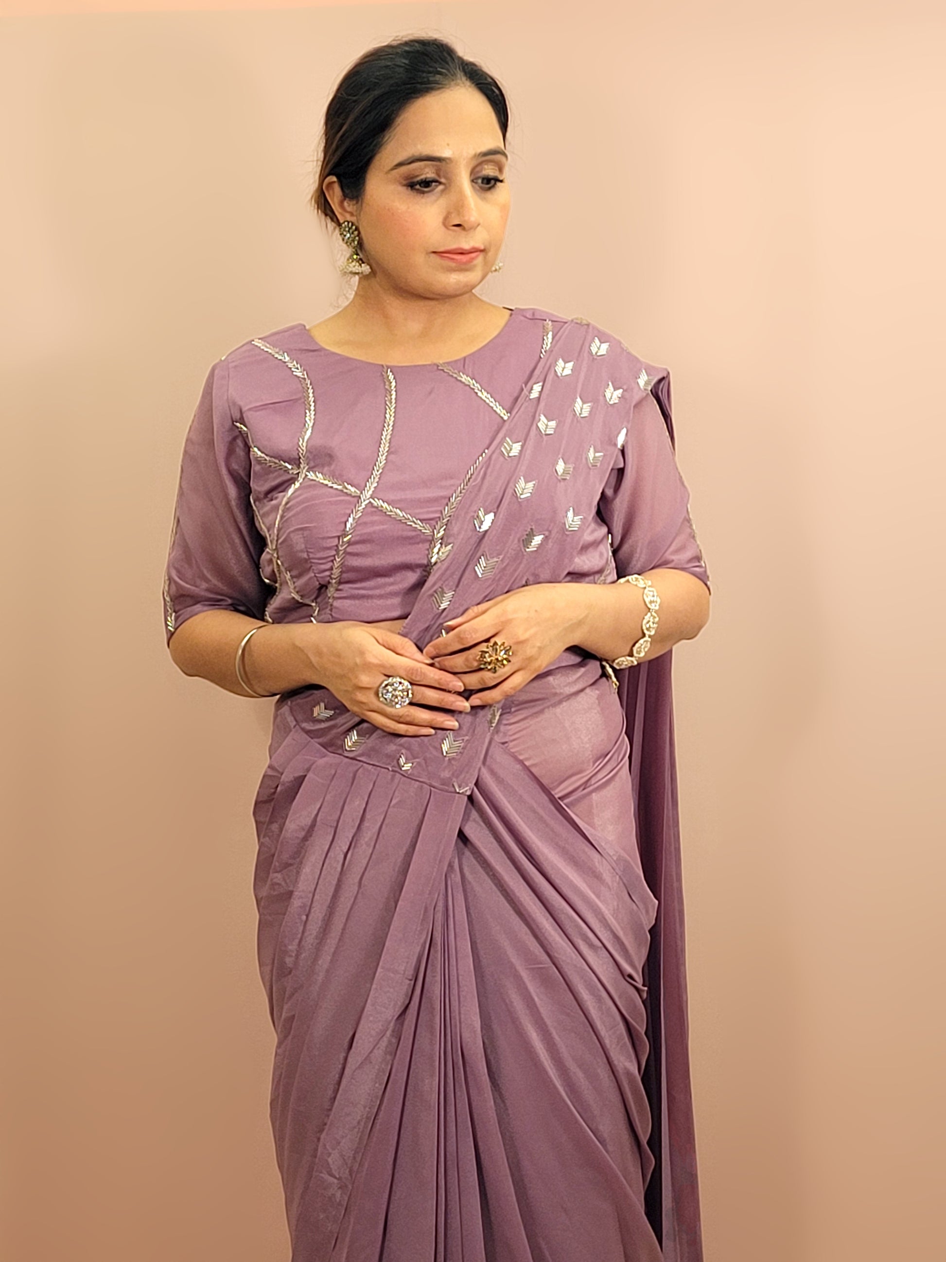 Lavender Armani Ready to Wear Saree with Stitched Blouse. Pipe Work on Blouse and Pallu.