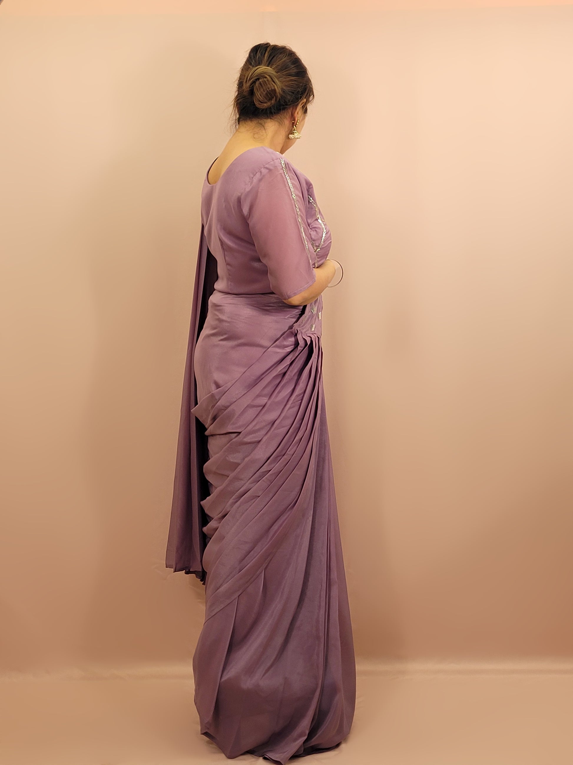 Lavender Armani Ready to Wear Saree with Stitched Blouse. Pipe Work on Blouse and Pallu.
