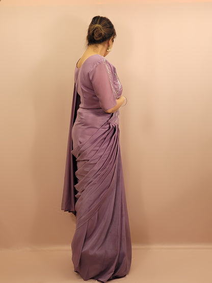Lavender Armani Ready to Wear Saree with Stitched Blouse. Pipe Work on Blouse and Pallu.