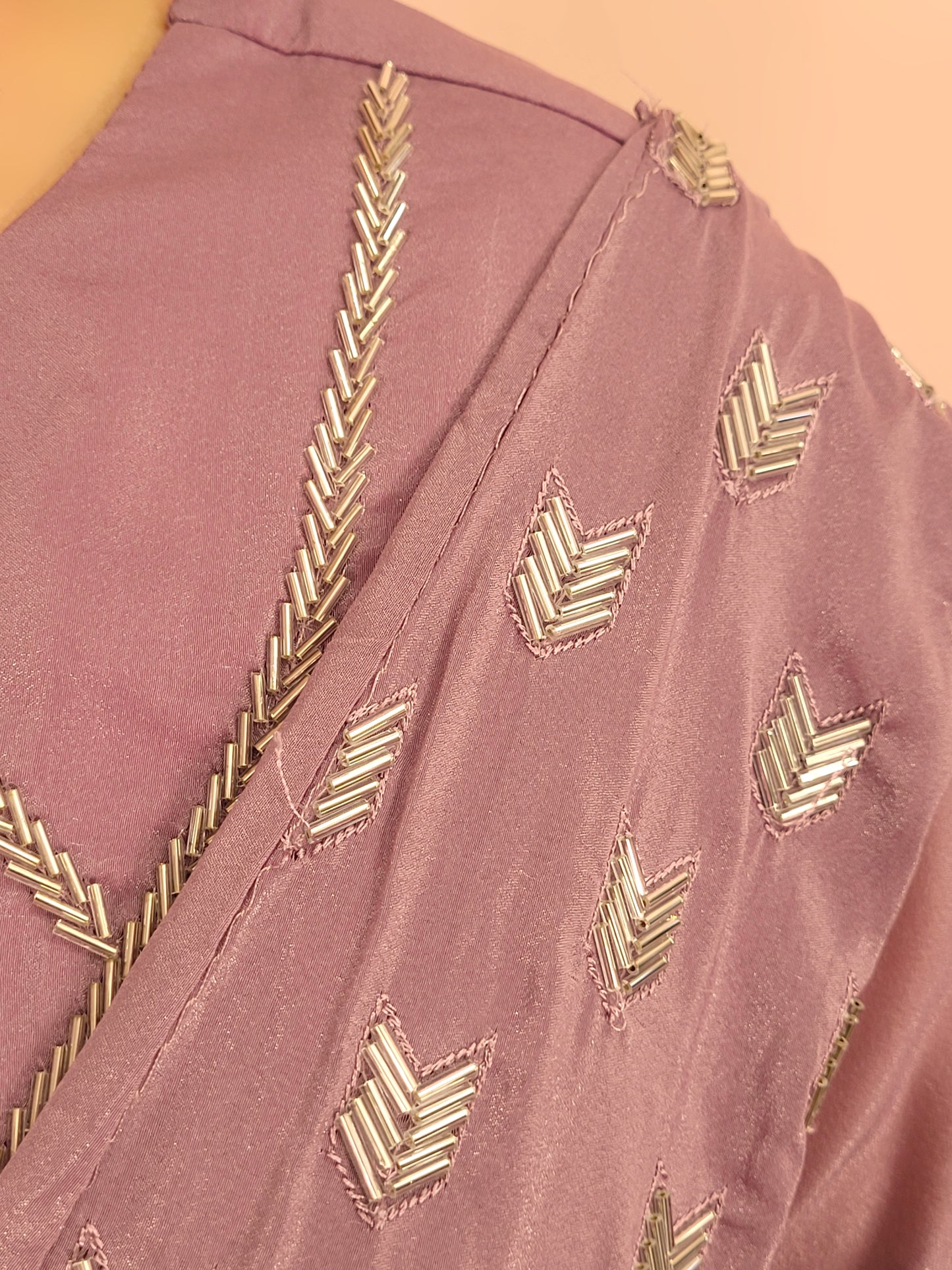 Lavender Armani Ready to Wear Saree with Stitched Blouse. Pipe Work on Blouse and Pallu.