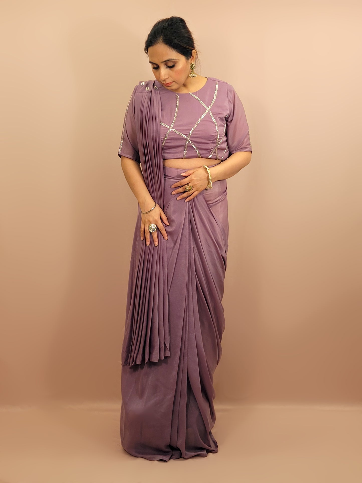 Lavender Armani Ready to Wear Saree with Stitched Blouse. Pipe Work on Blouse and Pallu.