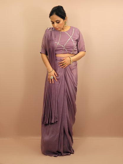 Lavender Armani Ready to Wear Saree with Stitched Blouse. Pipe Work on Blouse and Pallu.