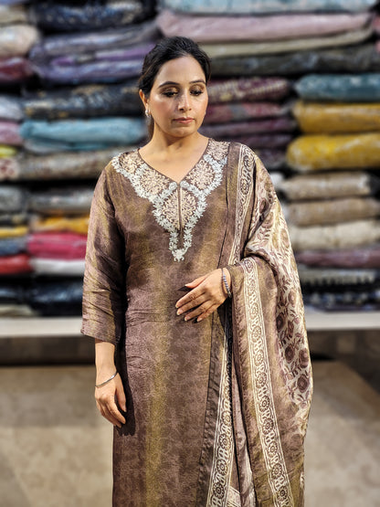 Coffee Shimmer Straight Suit with Badla Zari Neckline and fancy Print Dupatta.