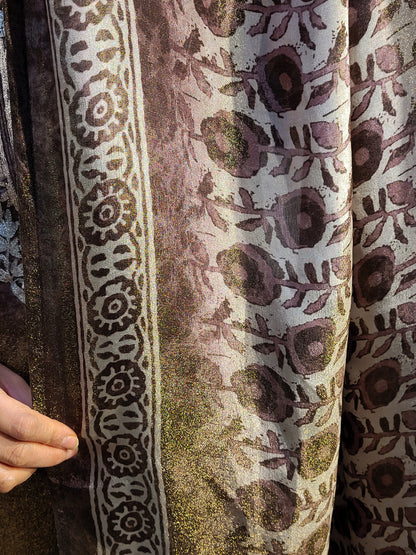 Coffee Shimmer Straight Suit with Badla Zari Neckline and fancy Print Dupatta.