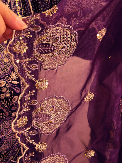 Rayon Purple Anarkali with Pant and Dupatta. Printed Base. Resham and Lace Work with sequins and mirror highlights.