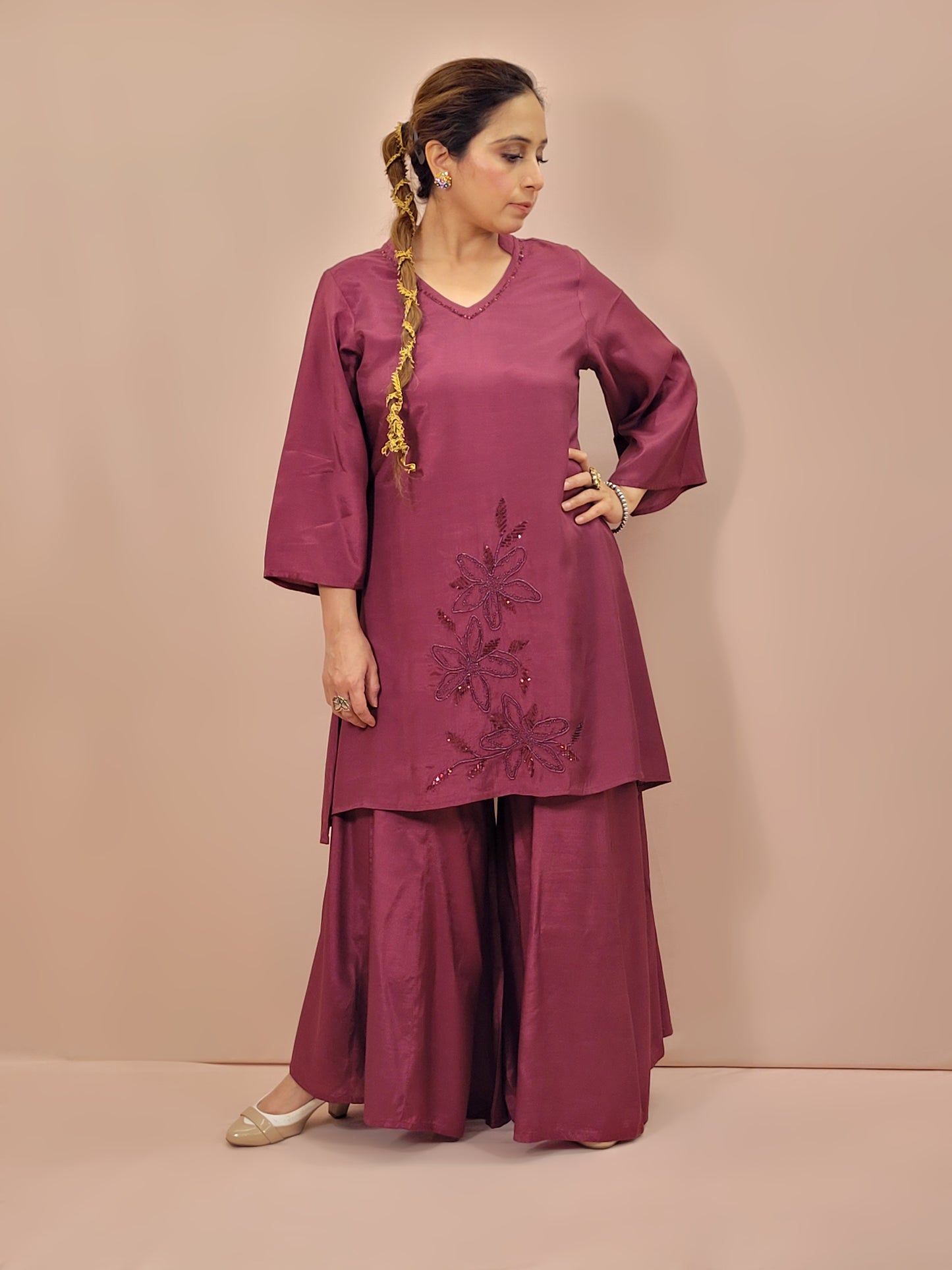 Maroon Coord Set Kurti with Full Flared Palazzo. Subtle Sequins Work on Neckline and Daaman.