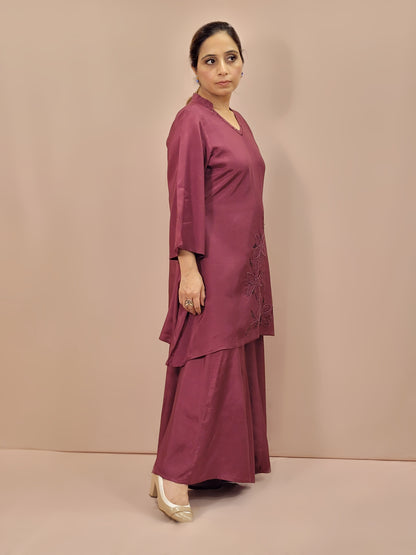 Maroon Coord Set Kurti with Full Flared Palazzo. Subtle Sequins Work on Neckline and Daaman.
