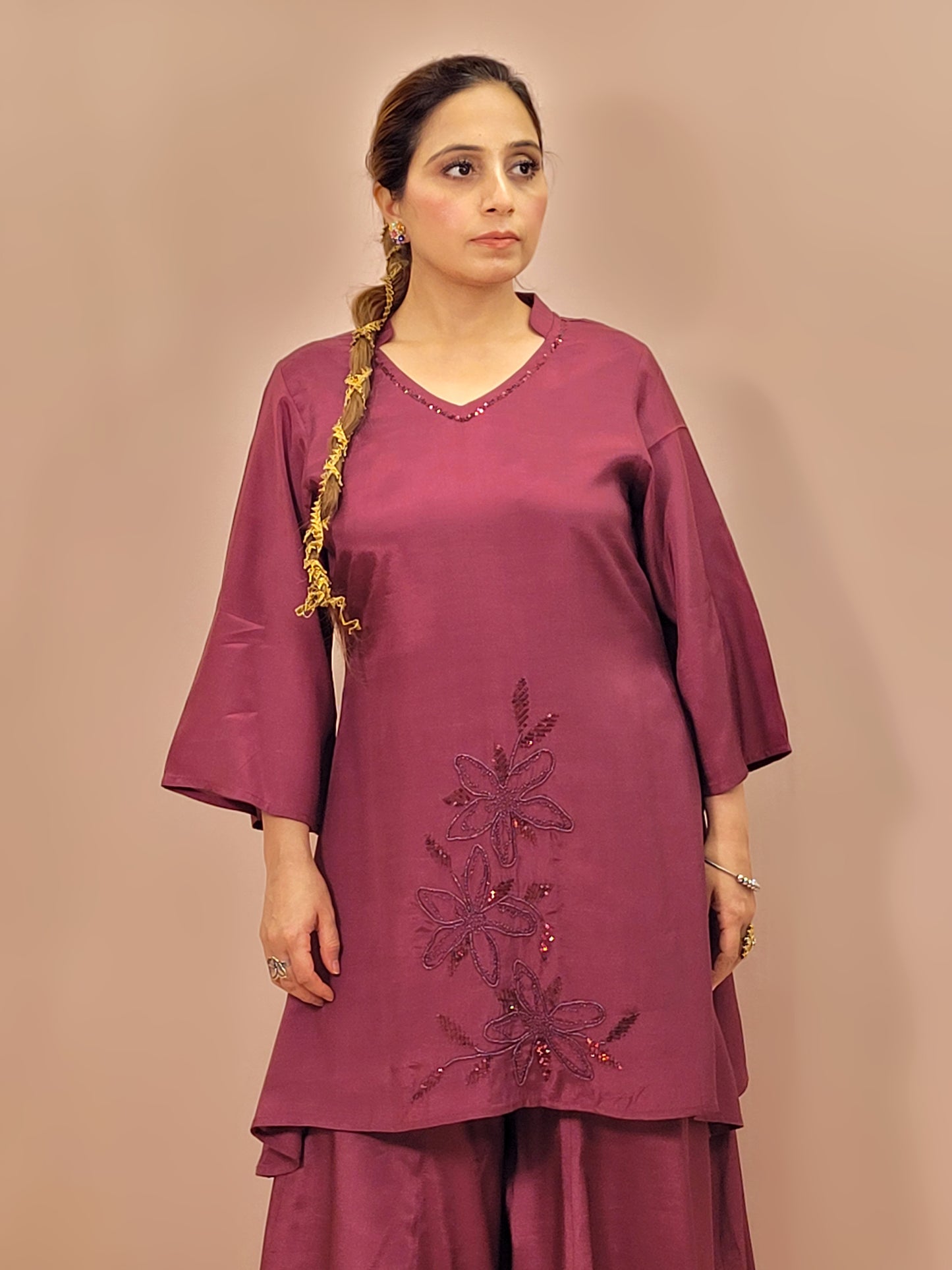 Maroon Coord Set Kurti with Full Flared Palazzo. Subtle Sequins Work on Neckline and Daaman.