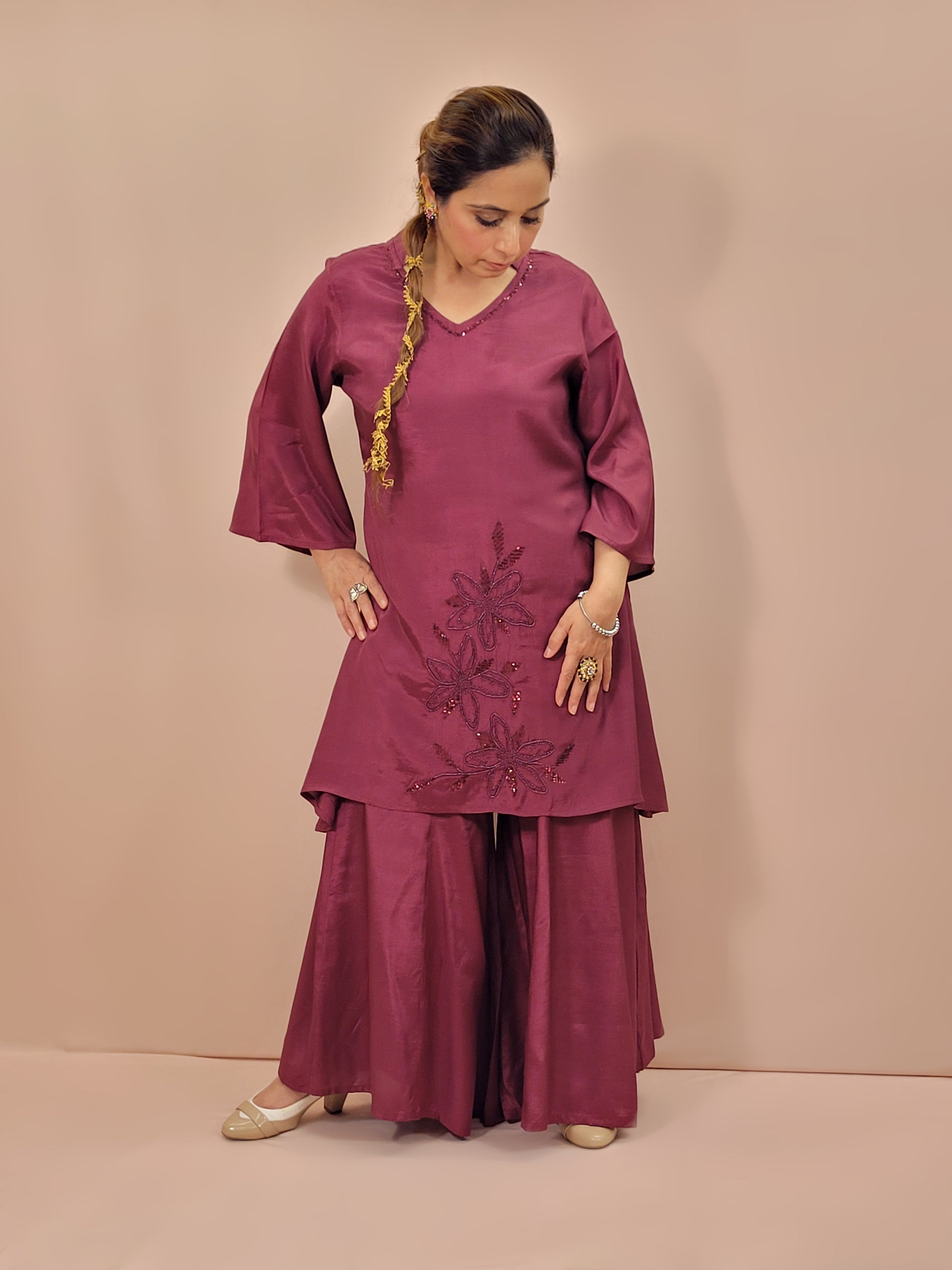 Maroon Coord Set Kurti with Full Flared Palazzo. Subtle Sequins Work on Neckline and Daaman.