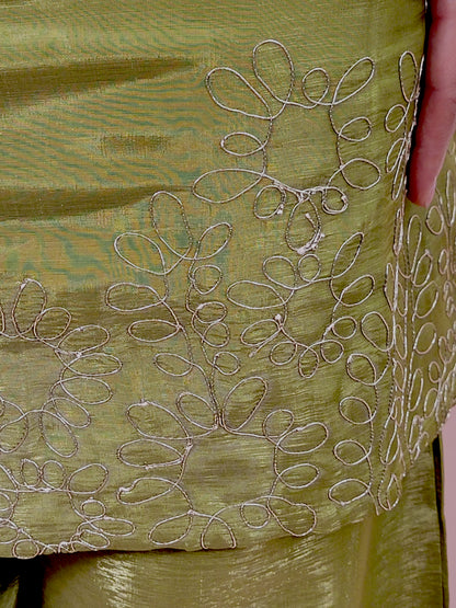 Green Shimmer Tissue Co Ord Set. Medium Length Kameez with Parallel Pants. Zari Dori Work.