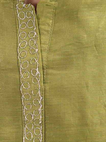 Green Shimmer Tissue Co Ord Set. Medium Length Kameez with Parallel Pants. Zari Dori Work.