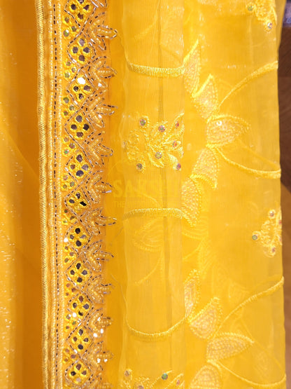 Yellow Chiffon Saree with Resham, Beads, Sequins and Mirror Work