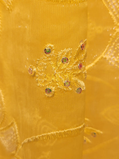 Yellow Chiffon Saree with Resham, Beads, Sequins and Mirror Work