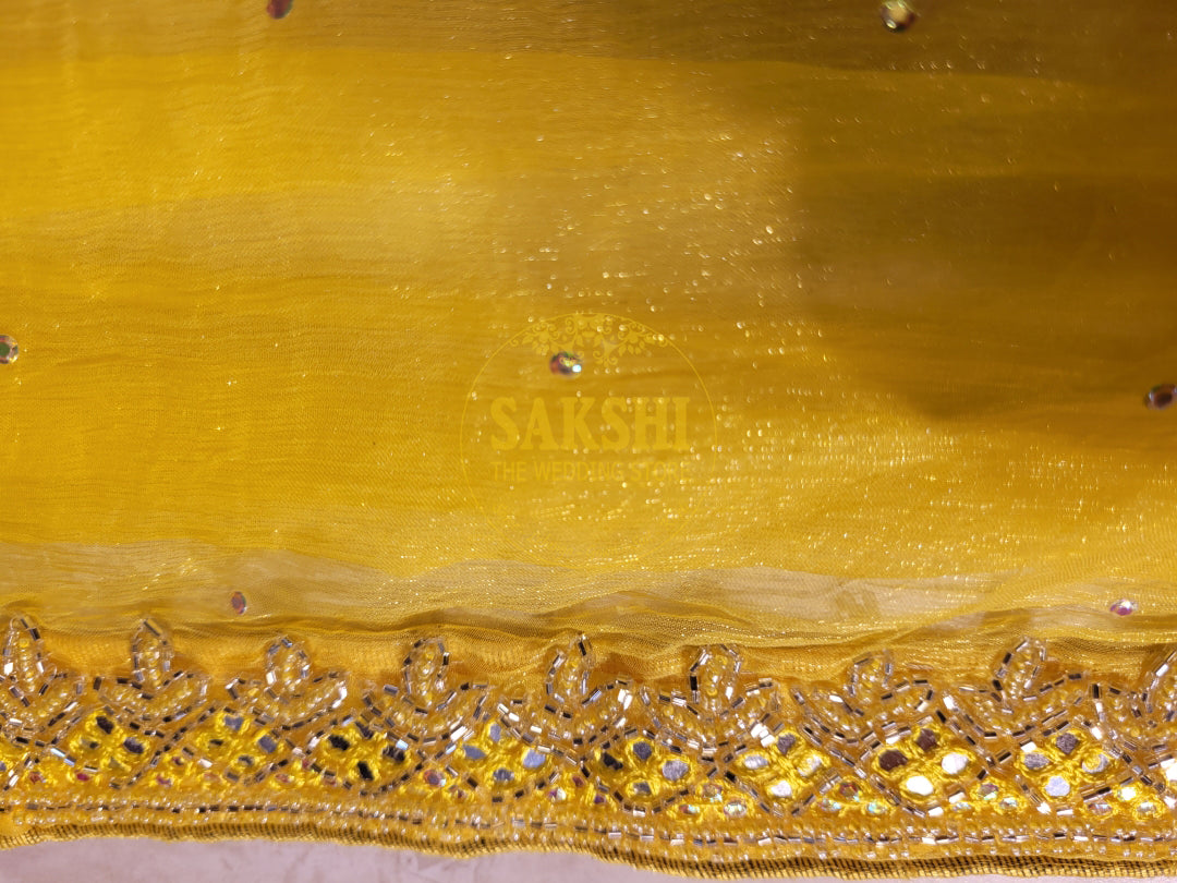 Yellow Chiffon Saree with Resham, Beads, Sequins and Mirror Work