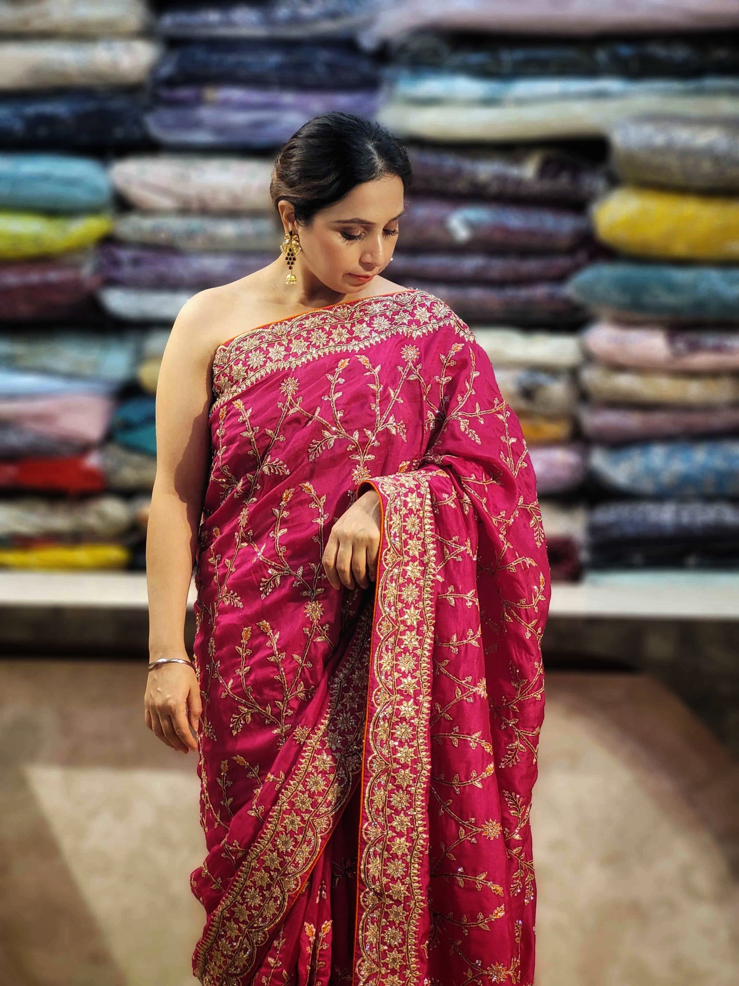 Rani Crepe Wedding Saree with heavy blouse piece