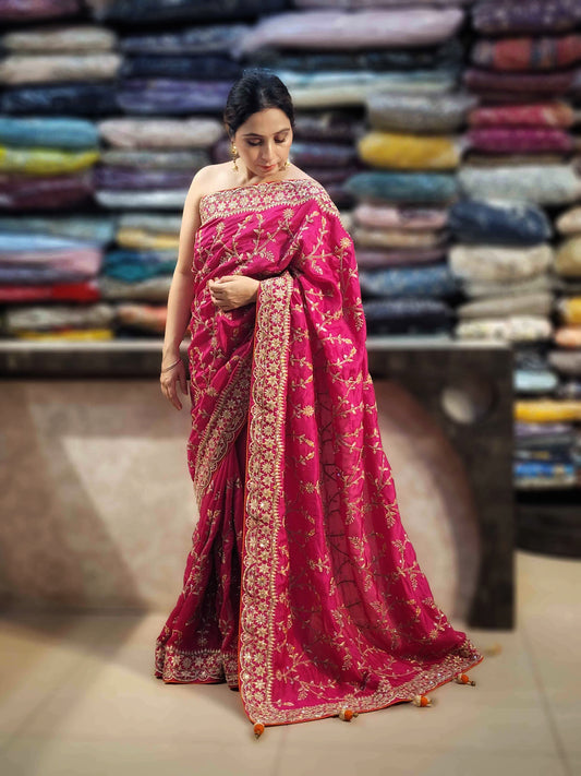 Rani Crepe Wedding Saree with heavy embroidered blouse piece. Zari and Resham work.