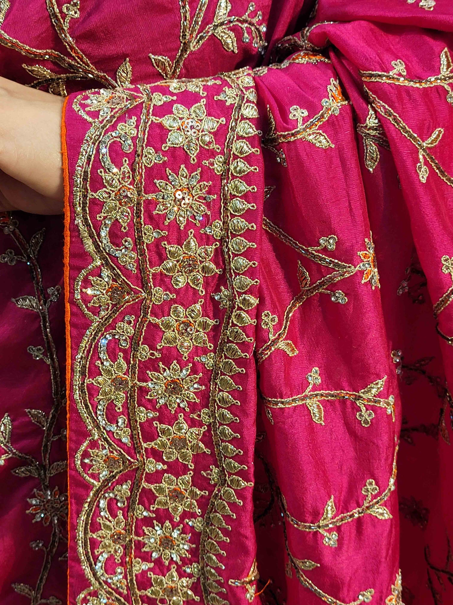 Rani Crepe Wedding Saree with heavy embroidered blouse piece. Zari and Resham work.