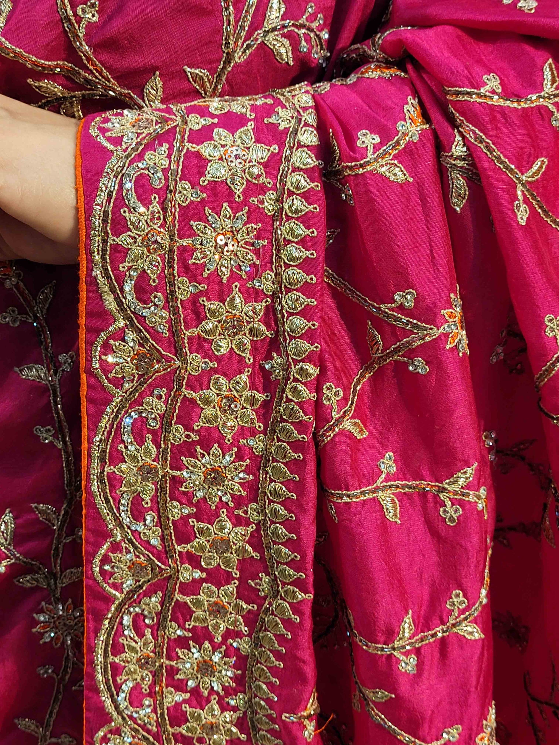 Rani Crepe Wedding Saree with heavy embroidered blouse piece. Zari and Resham work.