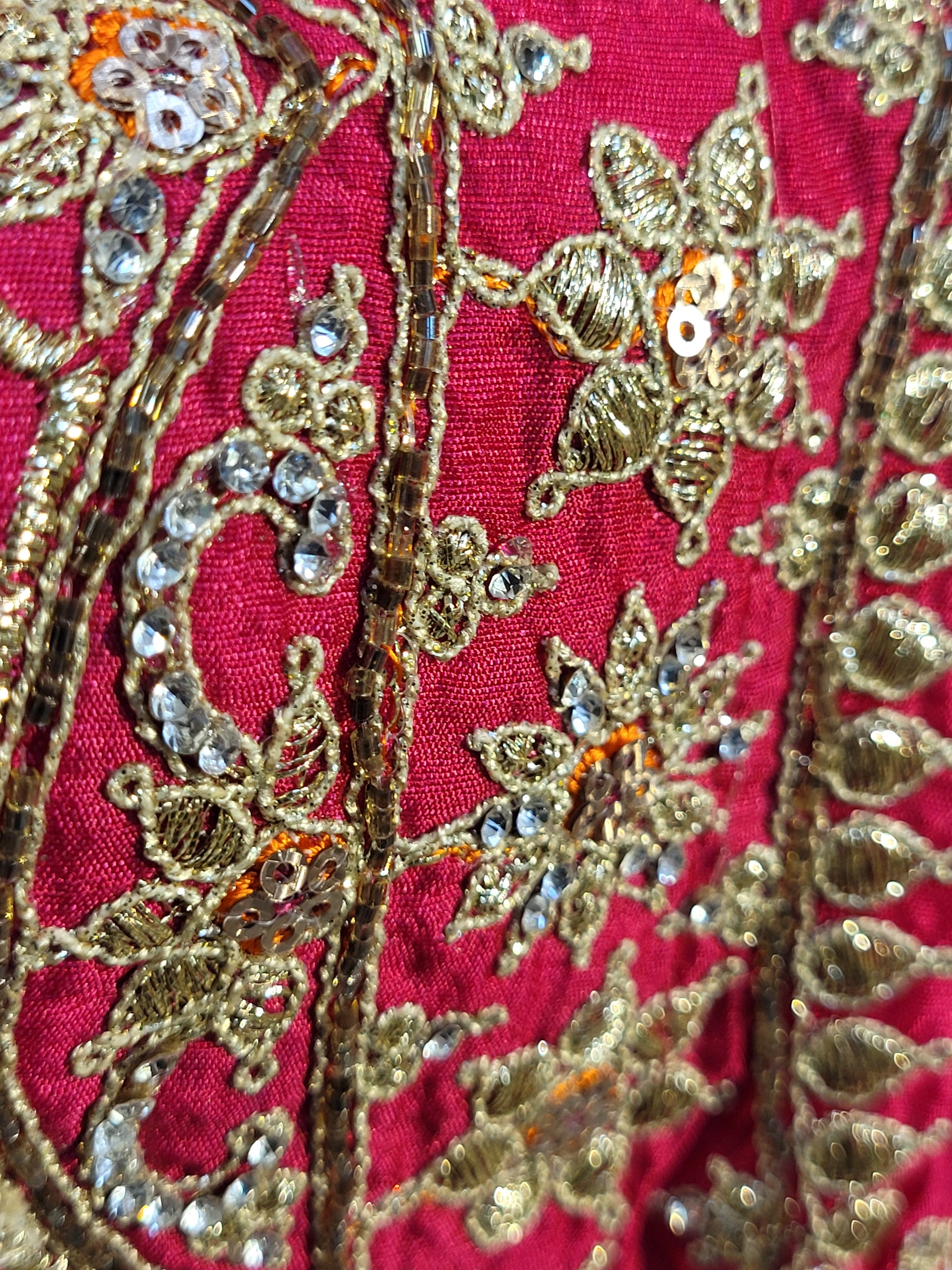 Rani Crepe Wedding Saree with heavy embroidered blouse piece. Zari and Resham work.