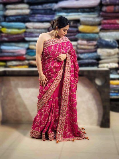 Rani Crepe Wedding Saree with heavy embroidered blouse piece. Zari and Resham work.